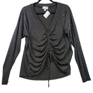 Veronica M V-Neck Cinched Front Sweater With Metallic Shimmer Black XL
